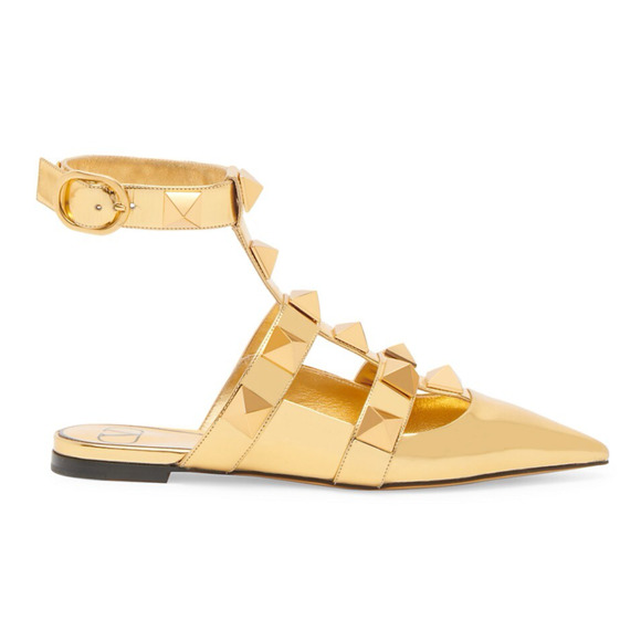 Valentino Rockstud Gold Pyramid Stud Pointed Ankle Strap Ballerina Flat 38.5 - Picture 1 of 12